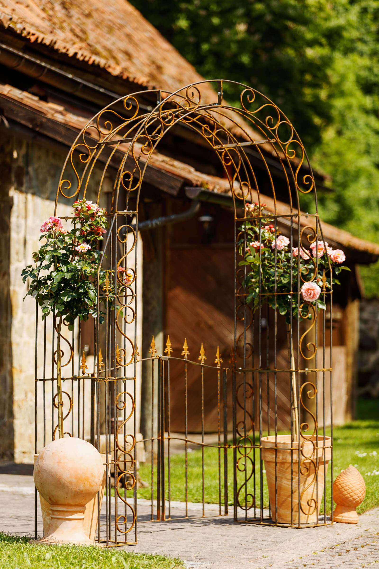 Rosenbogen Calabria in unbeschichteter Ausführung mit einem Tür und mit Rosen verziert