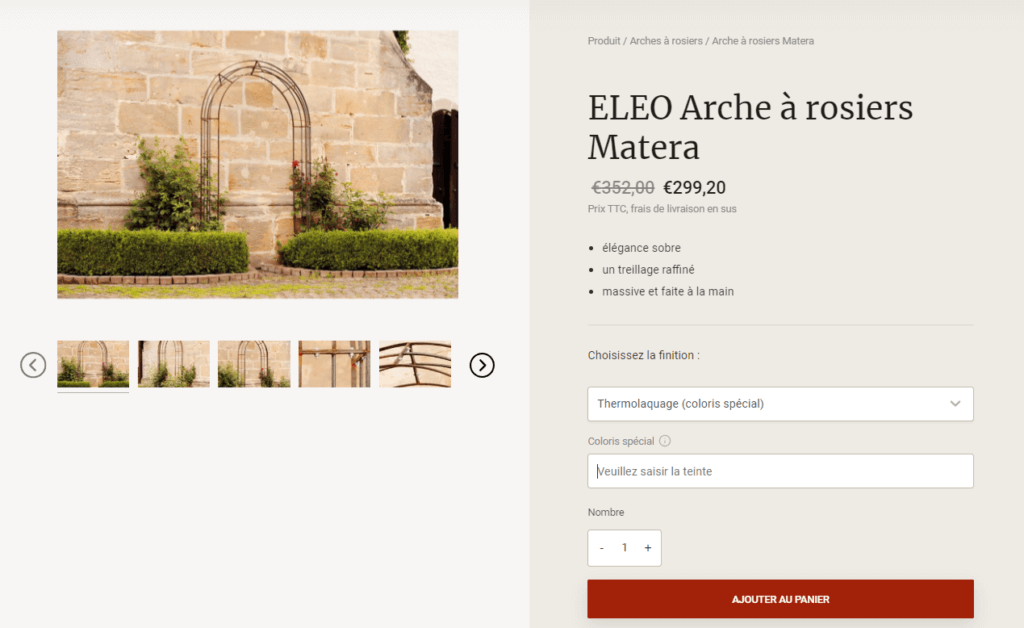 Capture d’écran de la commande d’une arche à rosiers Calabria d’ELEO